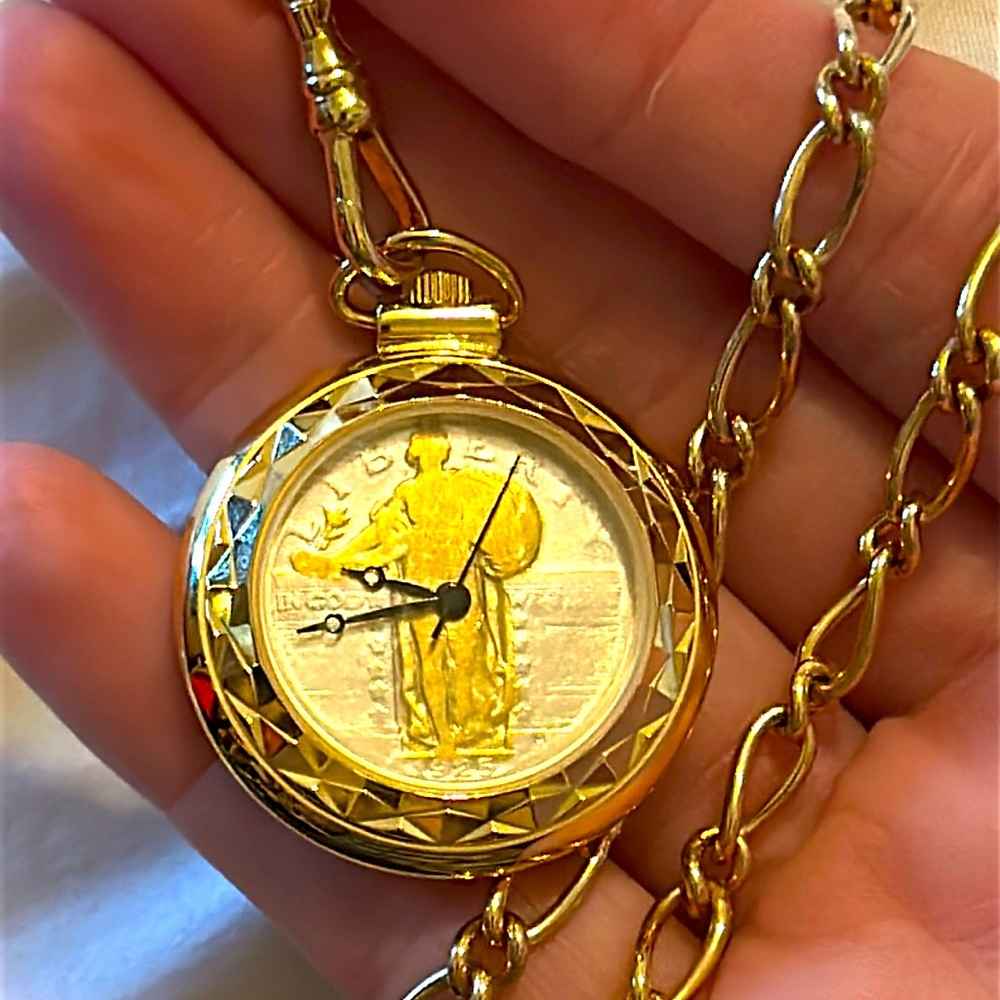 30” gold plated standing liberty circulated 1925 coin pocket watch pendant